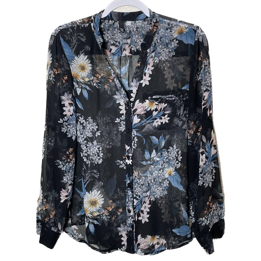 KUT from the Kloth Black & Blue Floral Jasmine Chiffon Top Size XS
